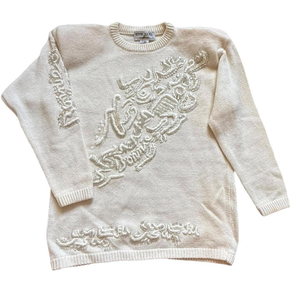 Bonnie Boerer Vintage 80s White Sweater Beaded Abstract Embellished Women’s S/P